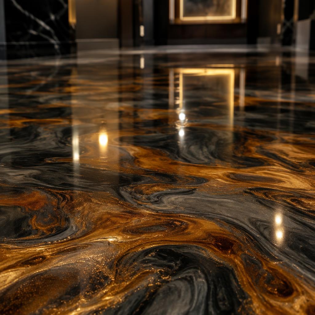 Close-up of a glossy metallic epoxy floor with amber swirls